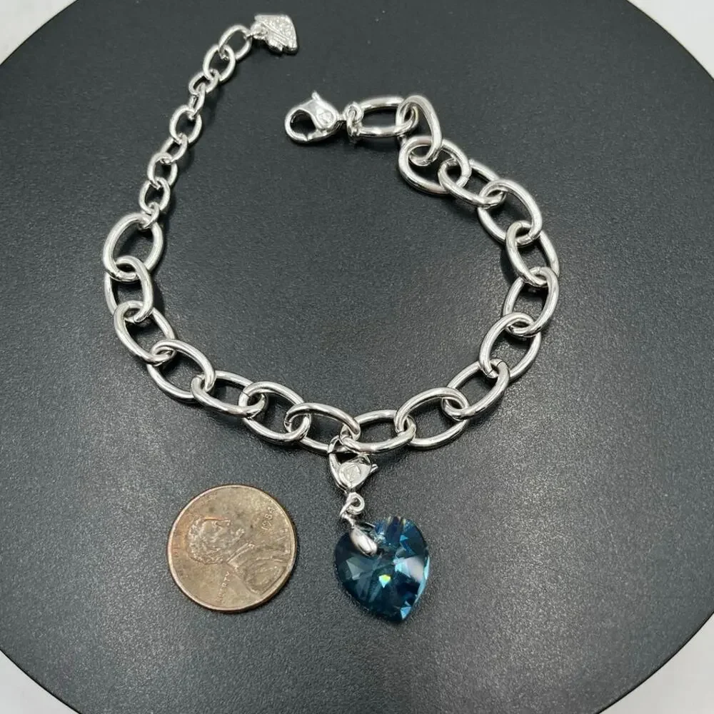 Swarovski Signed Heart Bracelet Birthstone Blue Aquamarine Heart Something Blue - Picture 3 of 10
